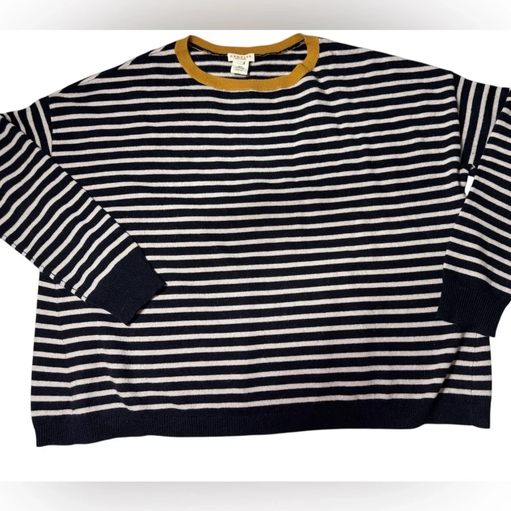 Demylee New York Cashmere Striped Sweater | Navy Ivory Breton | Mustard Trim